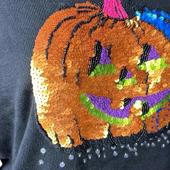 Y2K rare Michael Simon sweater,Halloween pumpkin sequins,2004, PTP 17.5-20”, EC - Picture 11 of 17
